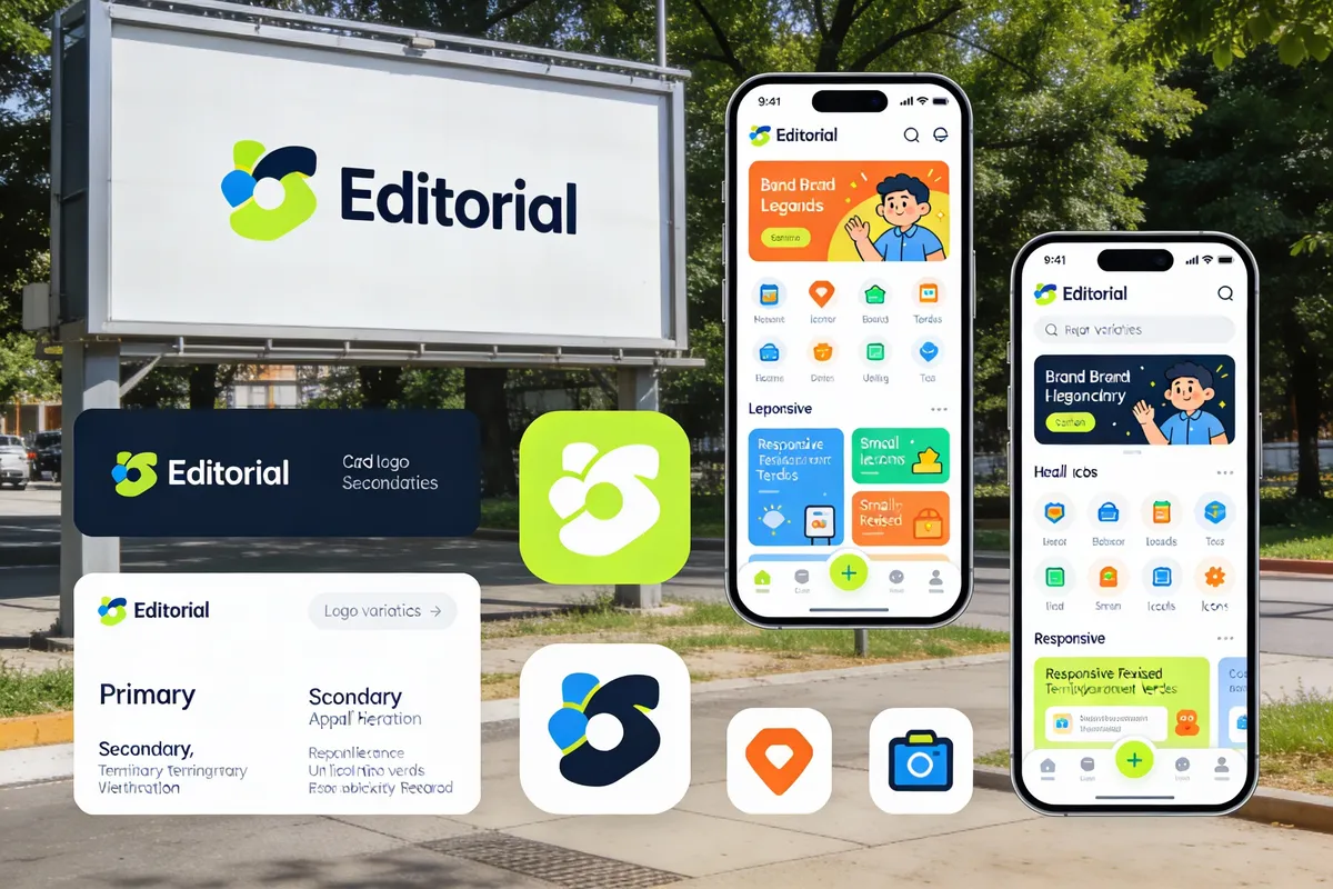 Logo variations applied on business cards, mobile app, and billboard — type: photo