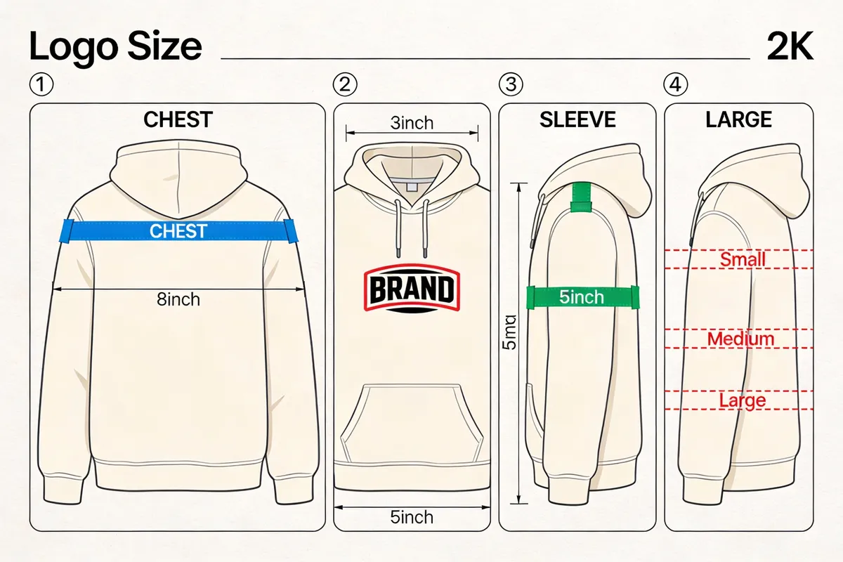 Diagram: Hoodie with logo size guides and tape, step-by-step — type: diagram
