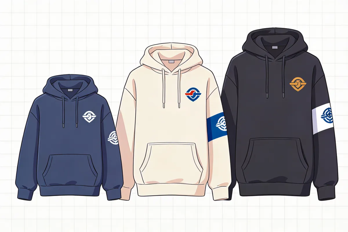 Photo: Finished hoodie line-up with different logo placements, ready for sale — type: photo