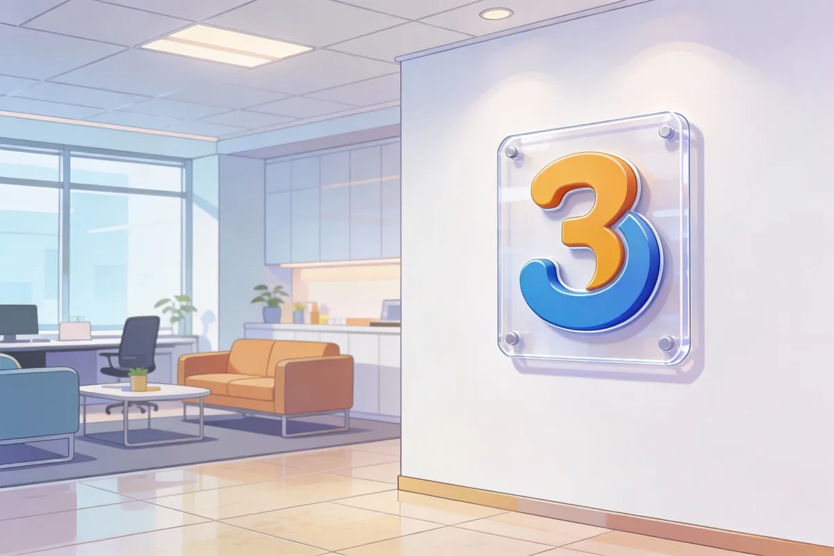 Modern office lobby with a 3D acrylic logo sign mounted on a white wall — type: photo