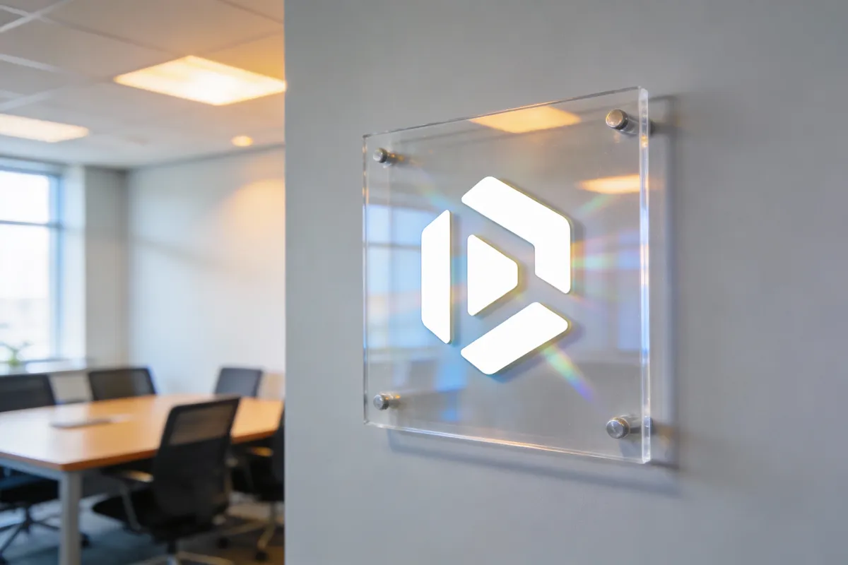 Mockup of a custom logo sign on a conference room wall — type: photo