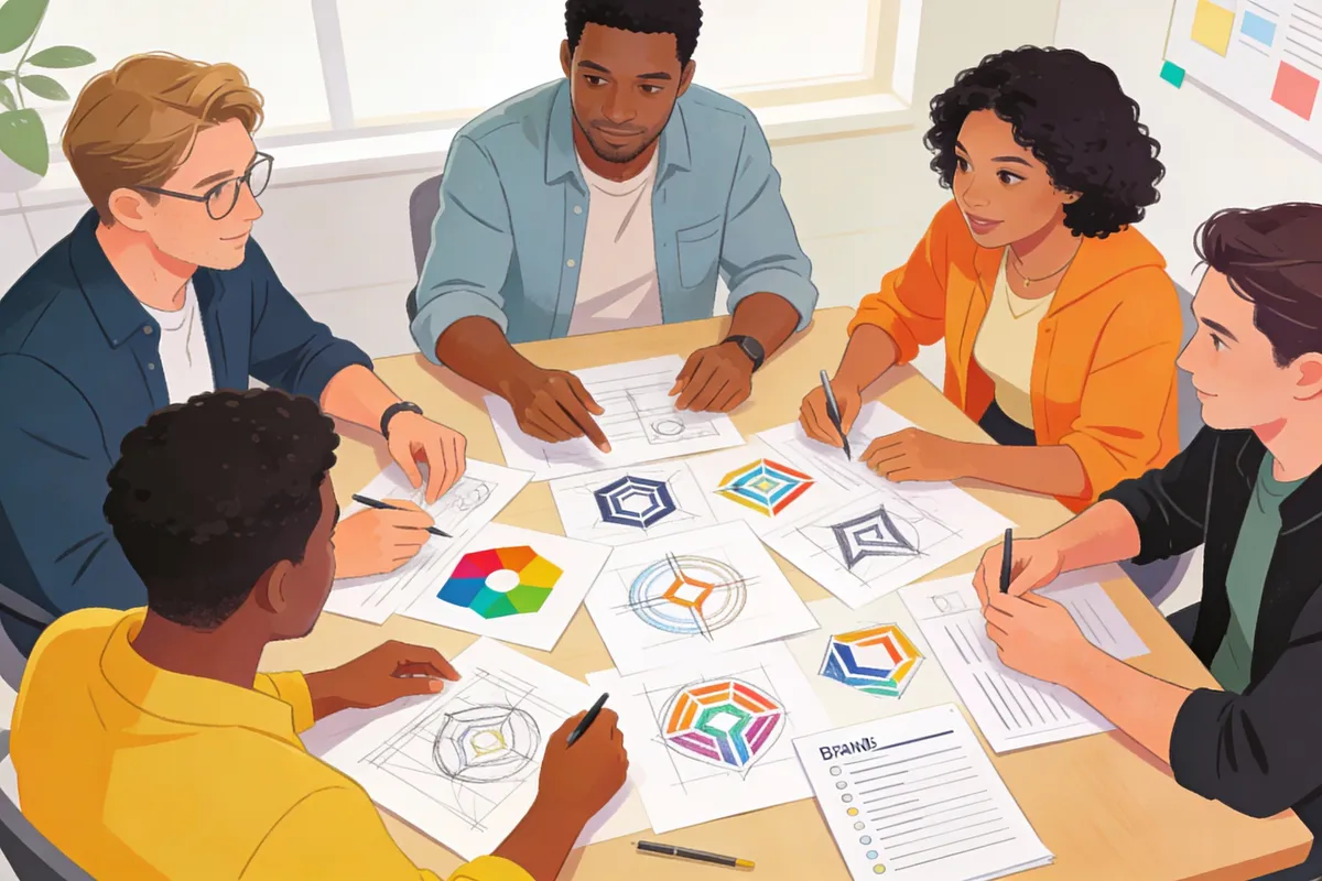 Founders reviewing logo sketches together — type: photo