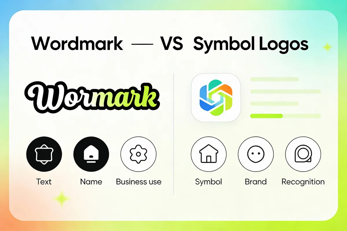 Diagram illustrating wordmark vs symbol logos — type: infographic