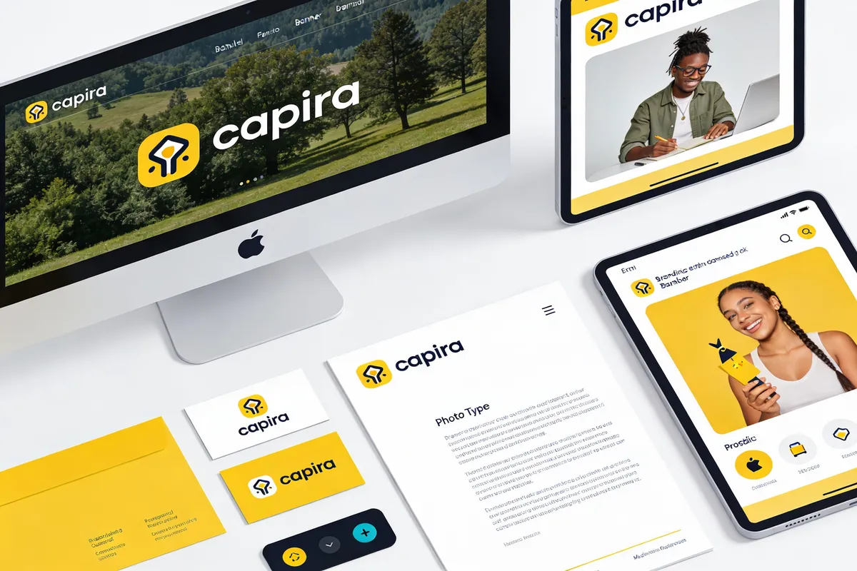 Branding mockup with logo across digital and print assets — type: photo