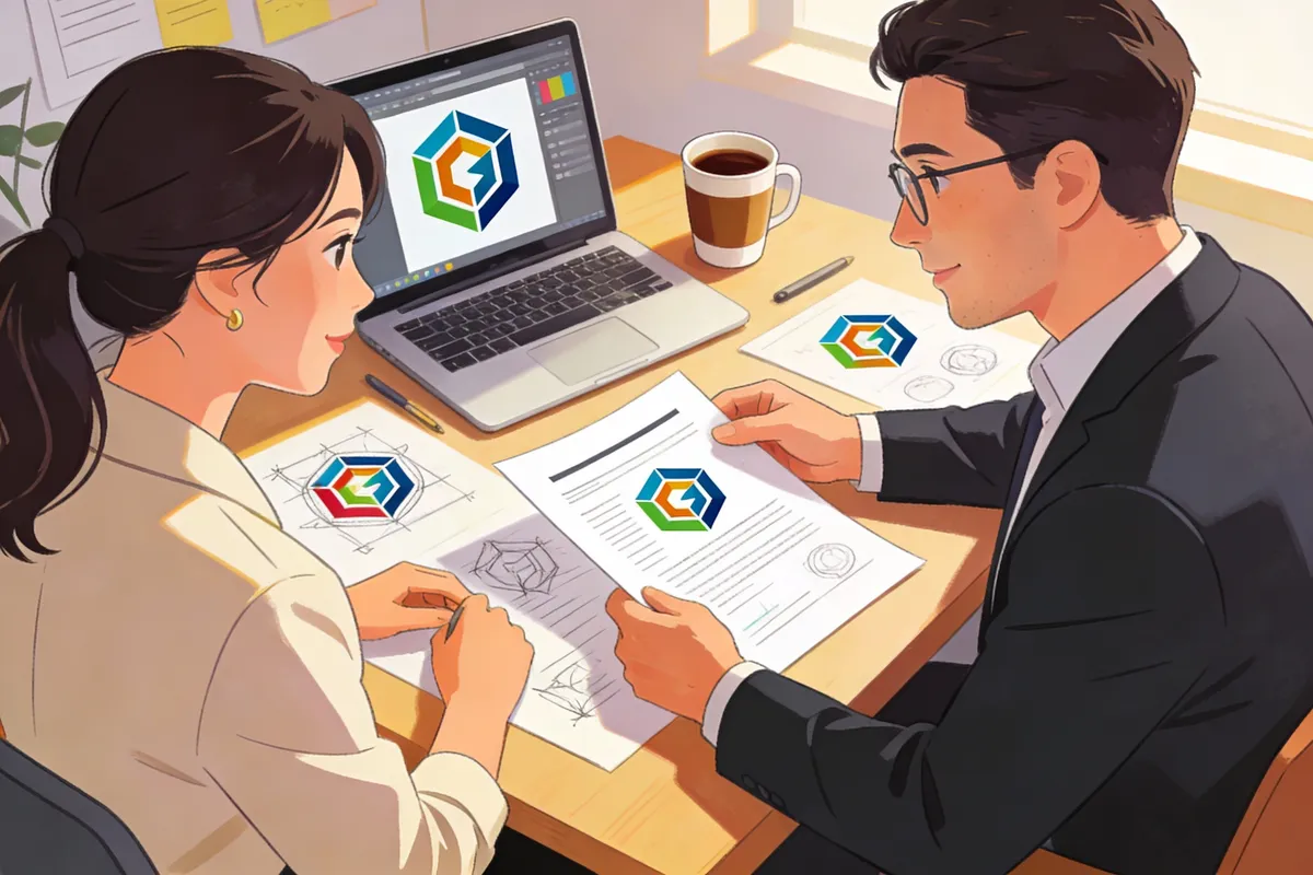 Photo: Designer and business owner reviewing a logo contract together, desk scene, professional, natural light