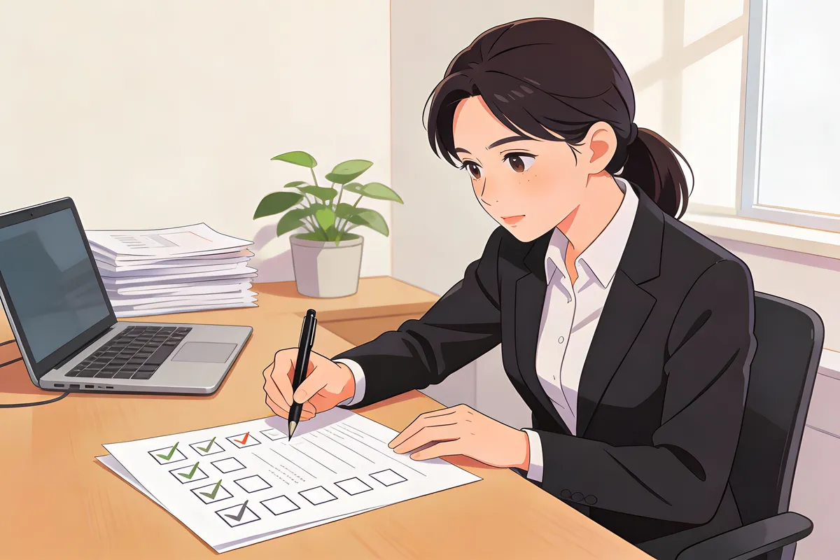 Photo: Business owner checking off items on a printed checklist, focused, office background