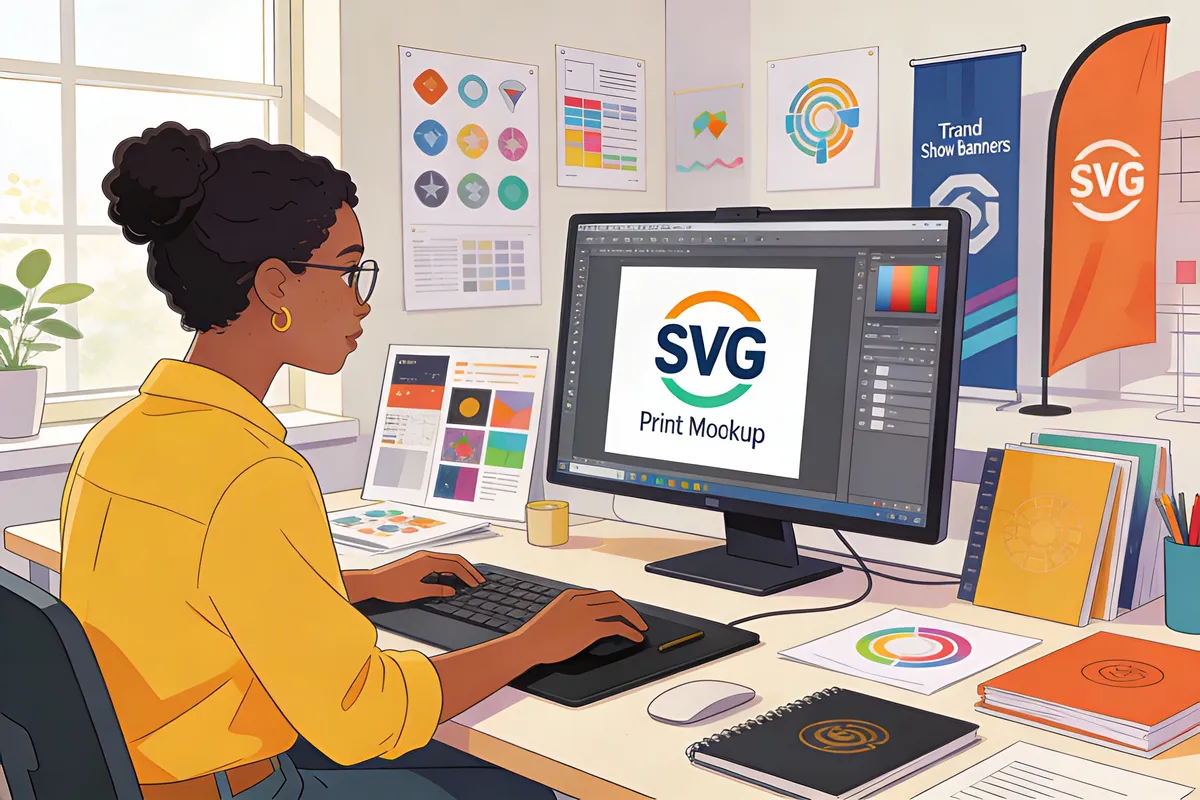 Designer exporting logo to SVG for print mockup — type: infographic
